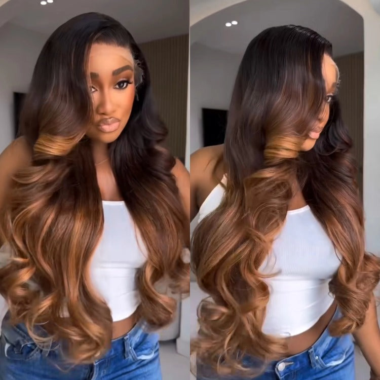 Loose Wave Ombre Brown Color Two-Tone Highlight Human Hair Lace Front Wig- Rafarada
