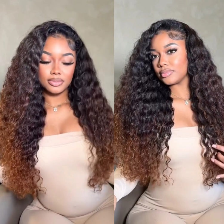 Brown Ombre Water Wave Lace Front Human Hair Wigs Honey Blonde Balayage Wig for Women Pre-Plucked Natural Hairline Deep Curly Wig - Rafarada
