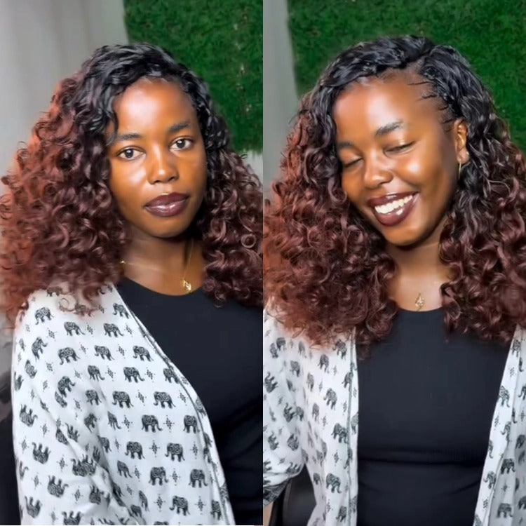 Glueless V Part Bouncy Curly Wig No Leave Out Reddish Brown Ombre Human Hair Wig 2 Minute Install Wear & Go Curly V-Part Wig - Rafarada