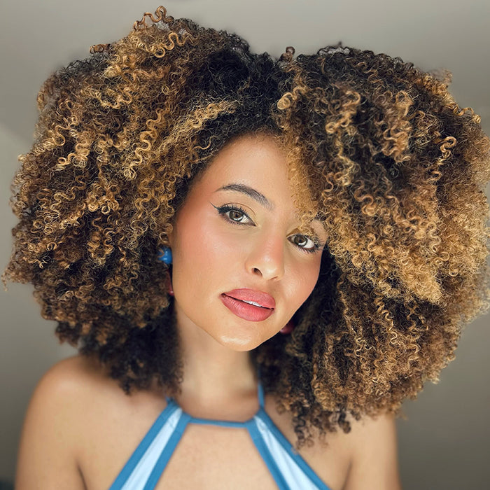 Honey Blonde Highlight Afro Kinky Curly Wig Glueless Fluffy Coily Ombre Color Wigs for Beginner - Rafarada