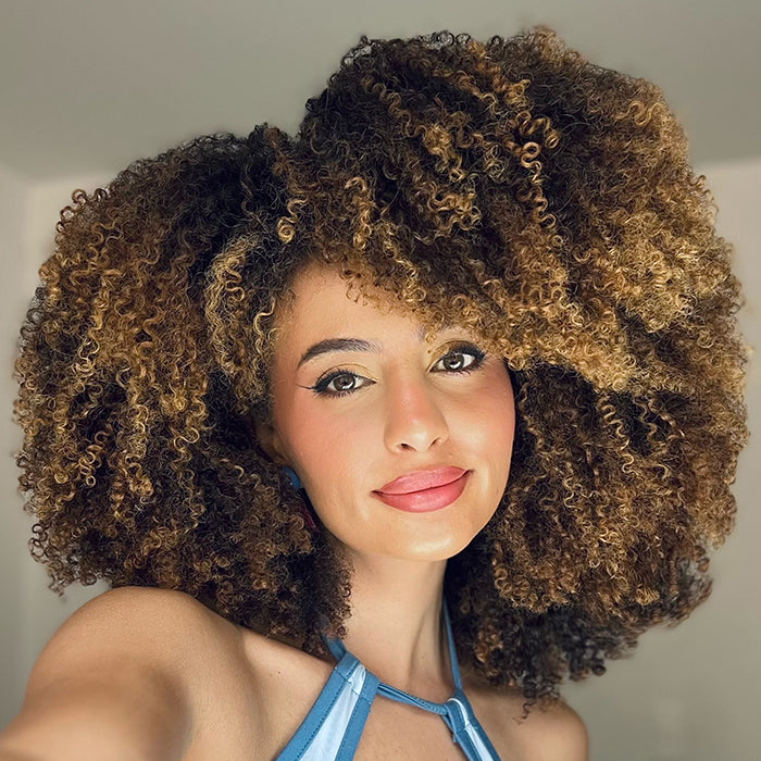 Honey Blonde Highlight Afro Kinky Curly Wig Glueless Fluffy Coily Ombre Color Wigs for Beginner - Rafarada