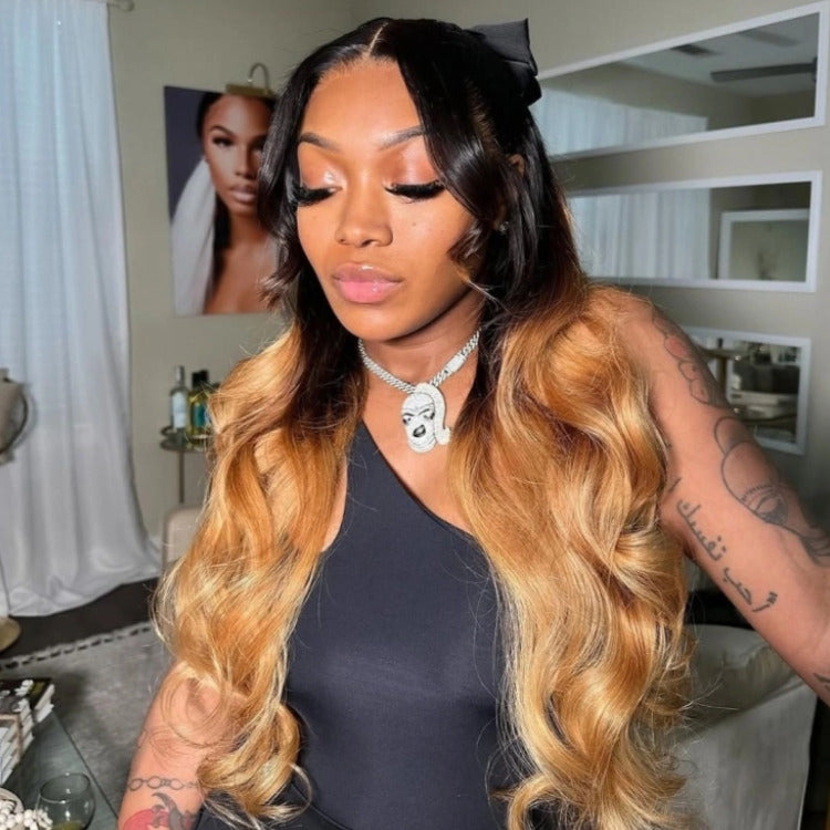 Ombre Black Highlight Gold ColorWig Body Wave Wigs Glueless Transparent Lace Frontal Wig - Rafarada