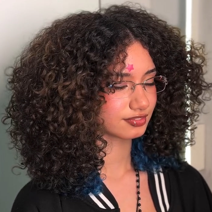 Bouncy Curly Human Hair Wig Ombre With End Curl Blue Color Glueless Lace Human Hair Pre-Plucked & Beginner Friendly Wig  - Rafarada