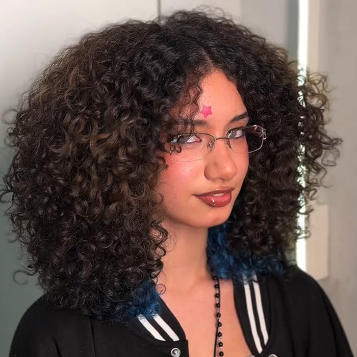 Bouncy Curly Human Hair Wig Ombre With End Curl Blue Color Glueless Lace Human Hair Pre-Plucked & Beginner Friendly Wig  - Rafarada