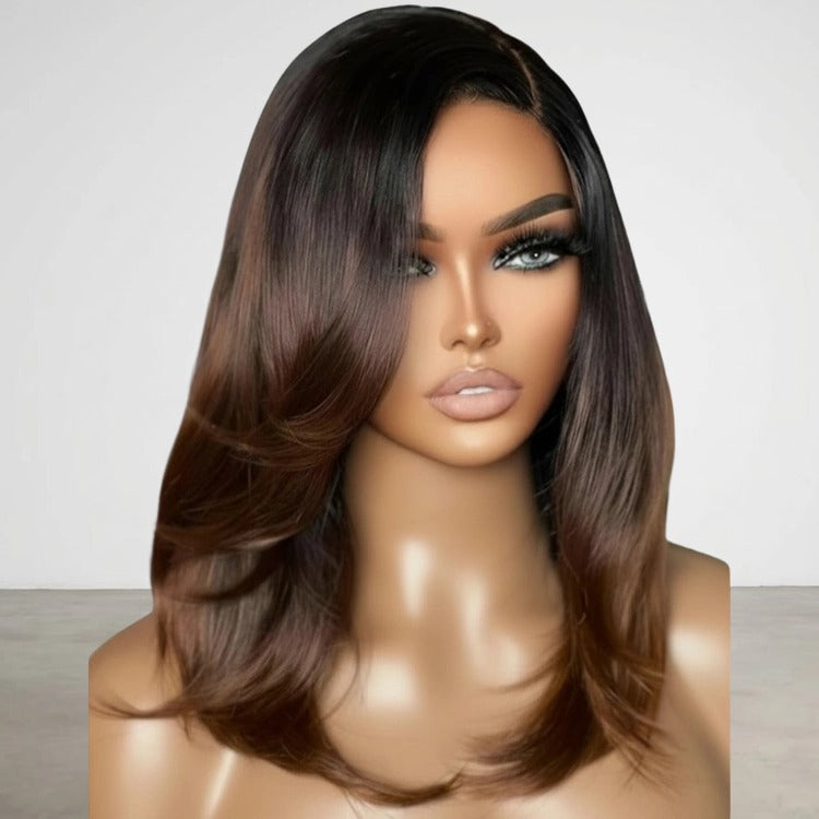 Ombre Brown Long Layered Hair Cut Bob Straight Human Hair HD Lace Glueless Wig- Rafarada