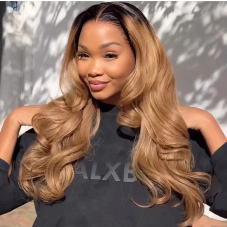 Ombre Black Gold Color Body Wave Wig Pre-Plucked HD Lace Front Human Hair Wig- Rafarada