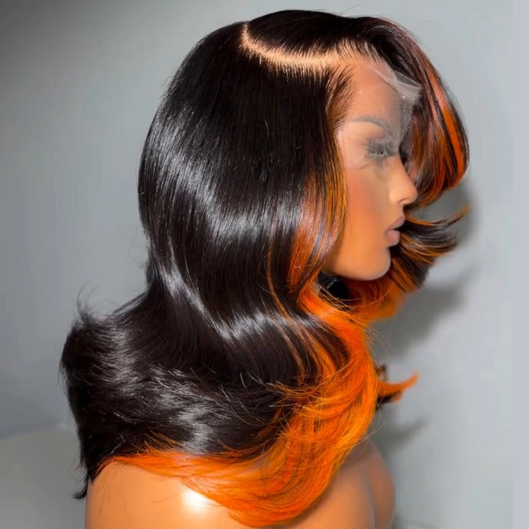 Ombre Black With Orange Color Bob Body Wave Hair Lace Front Wig - Rafarada