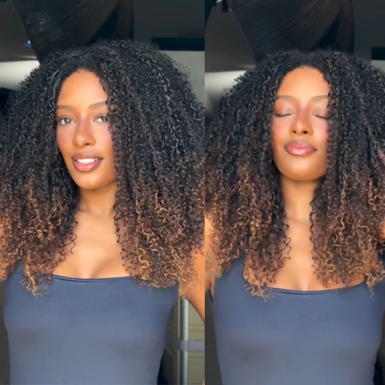 Afro Kinky Curly Lace Front Wig Ombre 1B with Brown Highlights High Density Natural Hairline Glueless Human Hair Wig - Rafarada