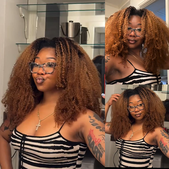Ombre Natural Black With Honey Brown Color Human Hair Wigs Afro Kinky Curly Human Hair Lace Front Wig Pre Plucked Wigs For Women- Rafarada