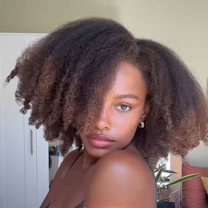 Afro Yaki Curly Wig Natural Black Ombre Light Brown Color 100% Human Hair Glueless HD Lace Curly Wig for Women- Rafarada