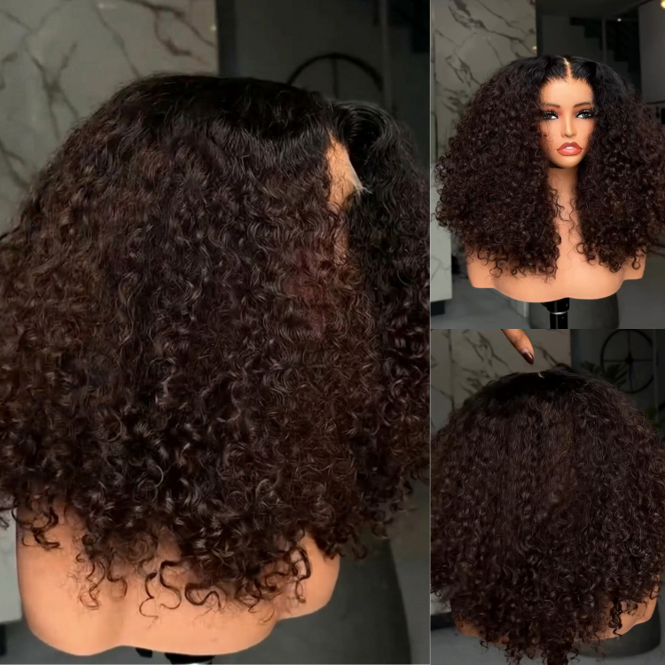 Natural Black Kinky Curly Lace Front Human Hair Wigs Glueless Water Wave Deep Curly Wig for Black Women- Rafarada