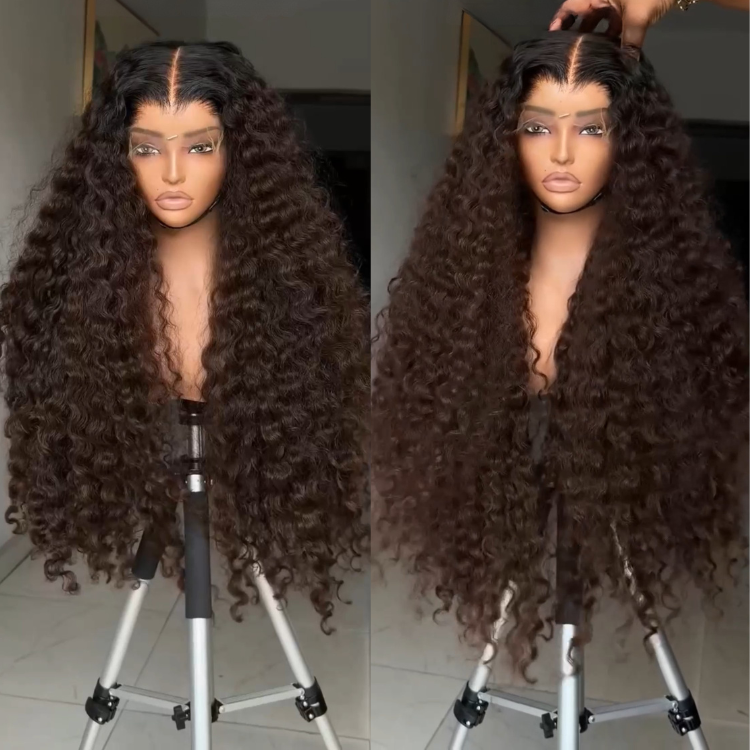 Extra Long Dark Brown Deep Curly Wig Middle Part HD Lace Front Human Hair Wig Ombre Brown High Density Curly Glueless Natural Hairline - Rafarada