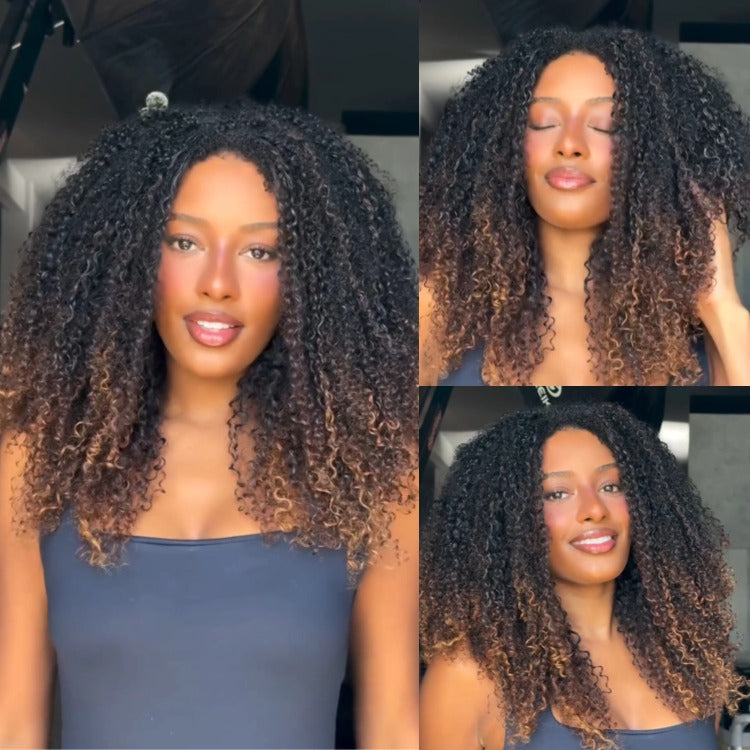 Afro Kinky Curly Lace Front Wig Ombre 1B with Brown Highlights High Density Natural Hairline Glueless Human Hair Wig - Rafarada