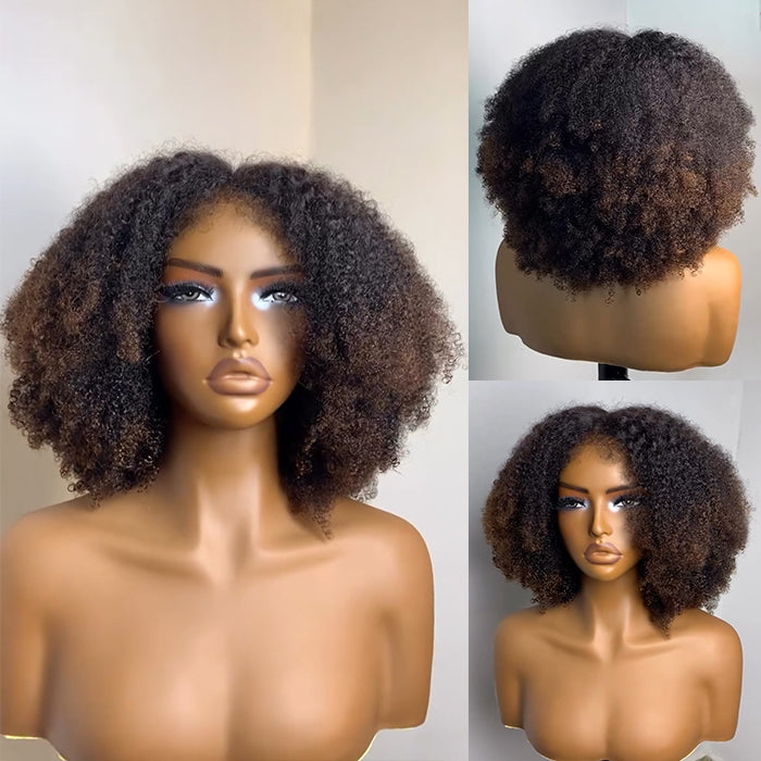 Afro Kinky Curly Human Hair Wigs with Natural 4c Edges Natural Black Ombre Brown Color Wig for Women - Rafarada