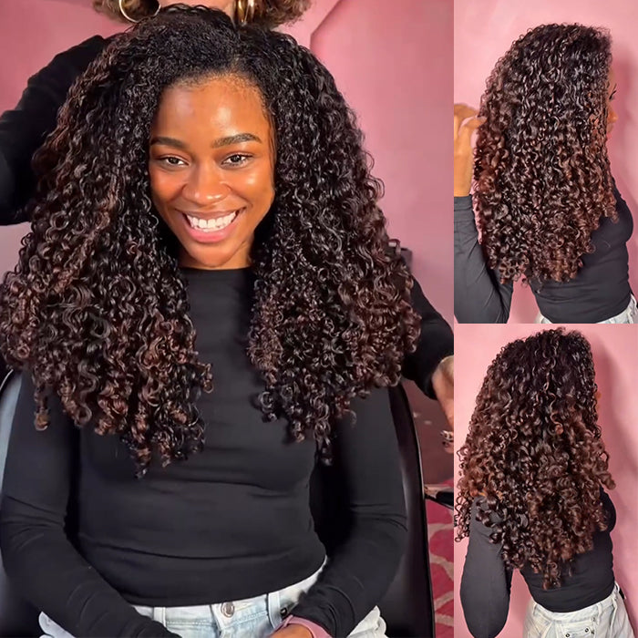 Burmese Curly Lace Frontal Human Hair Wigs Ombre Brown Color Curly Wig Natural Hairline - Rafarada