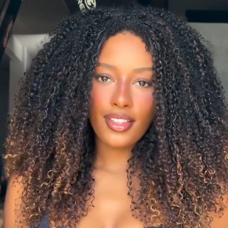 Afro Kinky Curly Lace Front Wig Ombre 1B with Brown Highlights High Density Natural Hairline Glueless Human Hair Wig - Rafarada