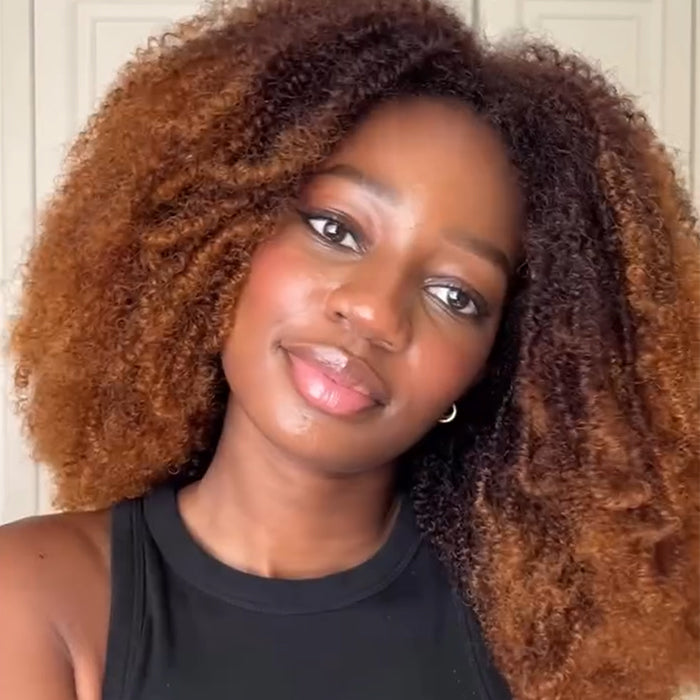 Afro Kinky Curly Human Hair Wig Ombre Chocolate Brown Color Glueless 3-In-1 Half Wig For Women- Rafarada