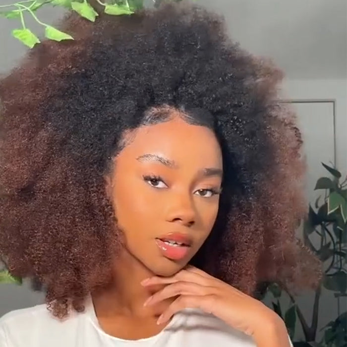 Ombre Black With Brown Color Afro Kinky Curly Human Hair Half Wig Glueless 3-In-1 Half Wig For Women- Rafarada