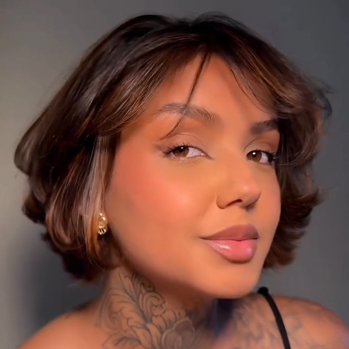 Ombre Brown Color Shot Bob Wig Glueless Lace Front Wig Layered Cut Loose Wave Human Hair Wig End Curl Natural Wig With Bangs - Rafarada