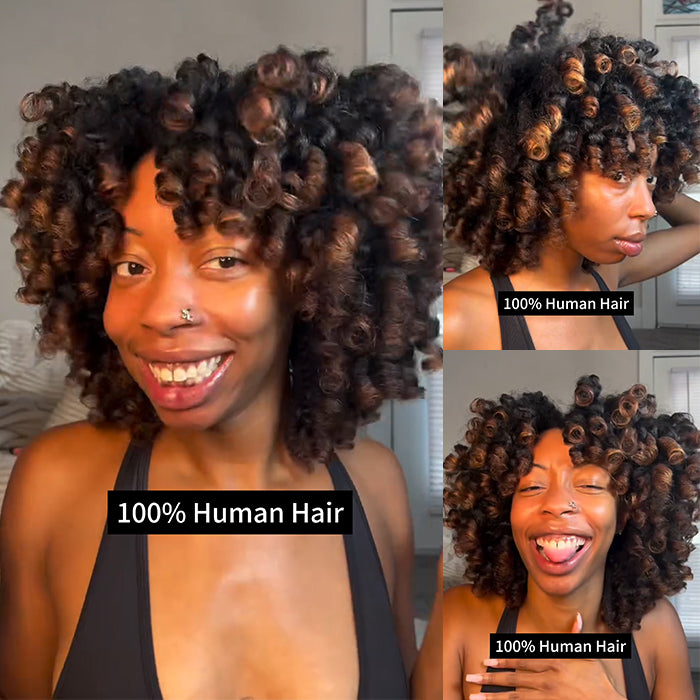 Brown Natural Color Wig Bouncy Curls Wave Glueless Wig Ombre Color Human Hair Wig Volum Lace Front Wig For Woman- Rafarada