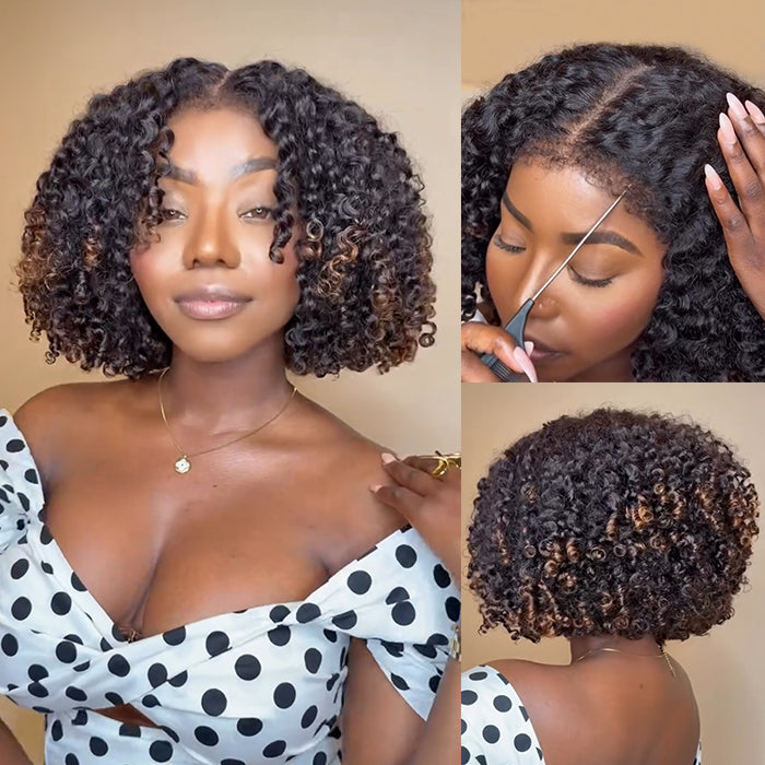 Shot Bob Wig Burmese Curly Human Hair Wig Ombre Brown Color Spiral Curl Glueless Lace Front Wig - Rafarada