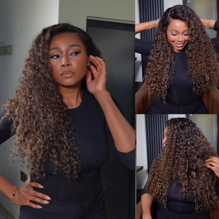 Ombre Dark Brown Color Deep Wave Wig Human Hair Glueless HD Lace Front Wig Pre Plucked Natural Hairline- Rafarada