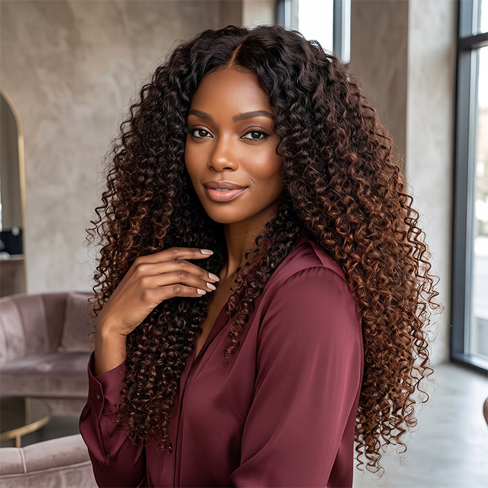 Ombre With Brown Color Kinky Curly Human Hair Wig Glueless HD Lace Wig With Natural Color With Brown Ombre Color - Rafarada