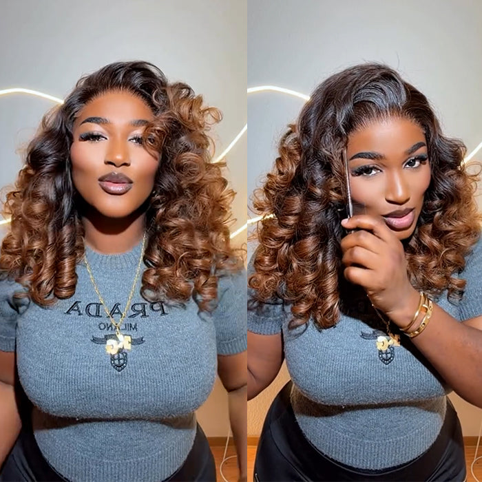 Loose Wave Human Hair Wig Ombre With  Brown Color 100% Human Hair Glueless HD Lace Curly Wig for Women- Rafarada