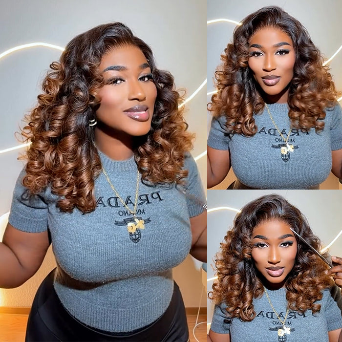Loose Wave Human Hair Wig Ombre With  Brown Color 100% Human Hair Glueless HD Lace Curly Wig for Women- Rafarada