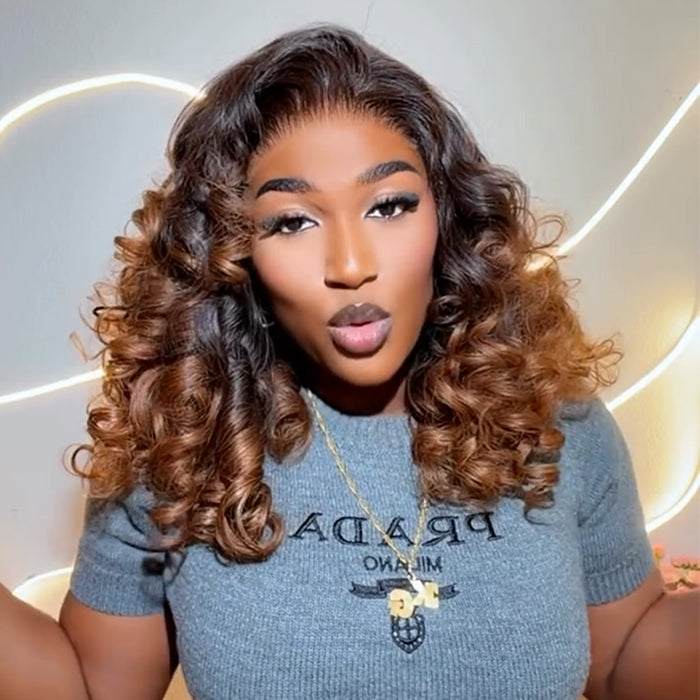 Loose Wave Human Hair Wig Ombre With  Brown Color 100% Human Hair Glueless HD Lace Curly Wig for Women- Rafarada