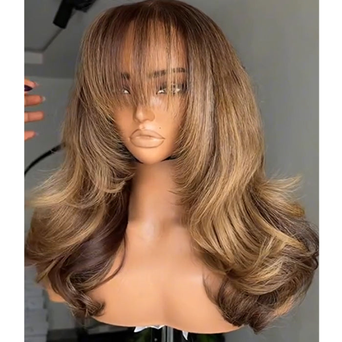 Loose Wave Human Hair Wig With Bangs Ombre With Blonde Highlight Color Glueless HD Lace Front Wig Natural Hairline- Rafarada