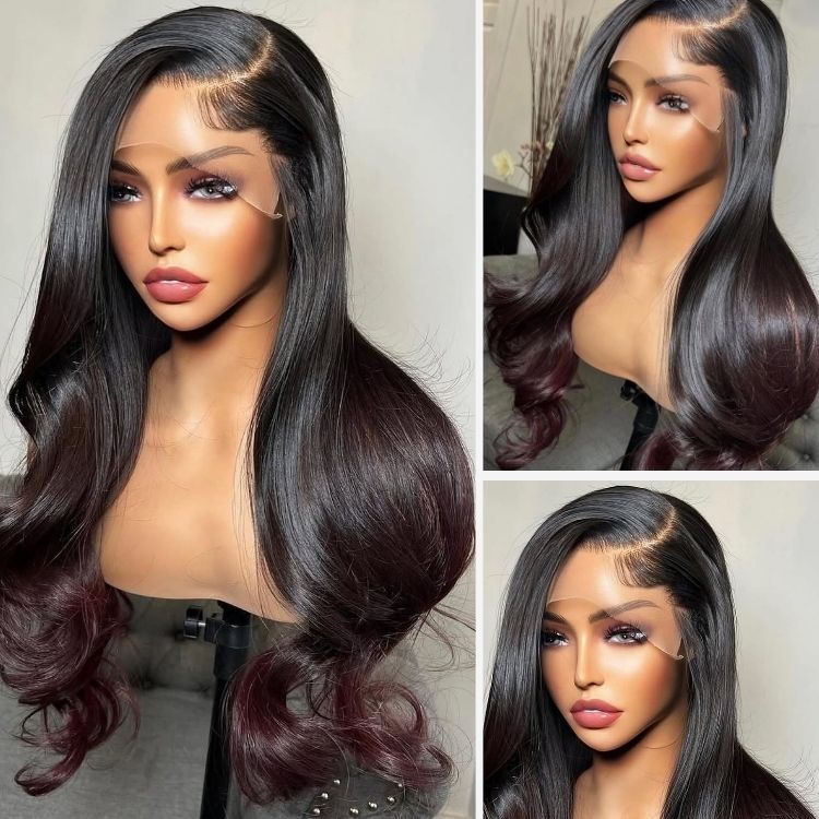 Body Wave Wig Black With 99J Color Wig 100% Human Hair Glueless Wig - Rafarada