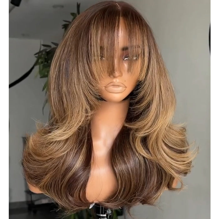 Loose Wave Human Hair Wig With Bangs Ombre With Blonde Highlight Color Glueless HD Lace Front Wig Natural Hairline- Rafarada