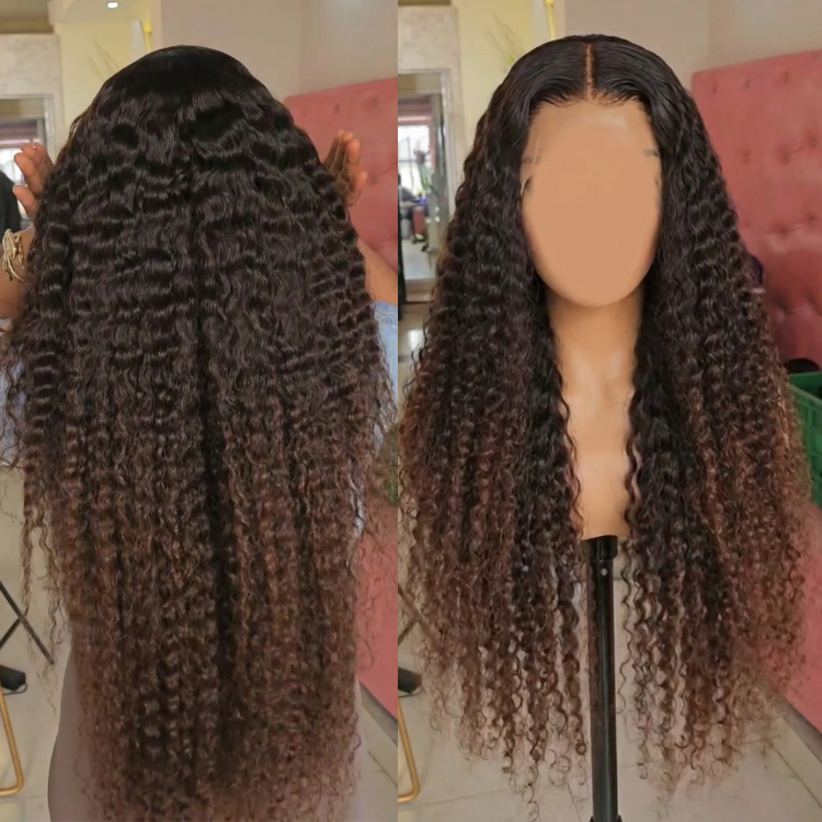 Ombre Black With Light Brown Color Deep Curly Lace Front Human Hair Wigs Glueless Pre-Plucked Wig - Rafarada