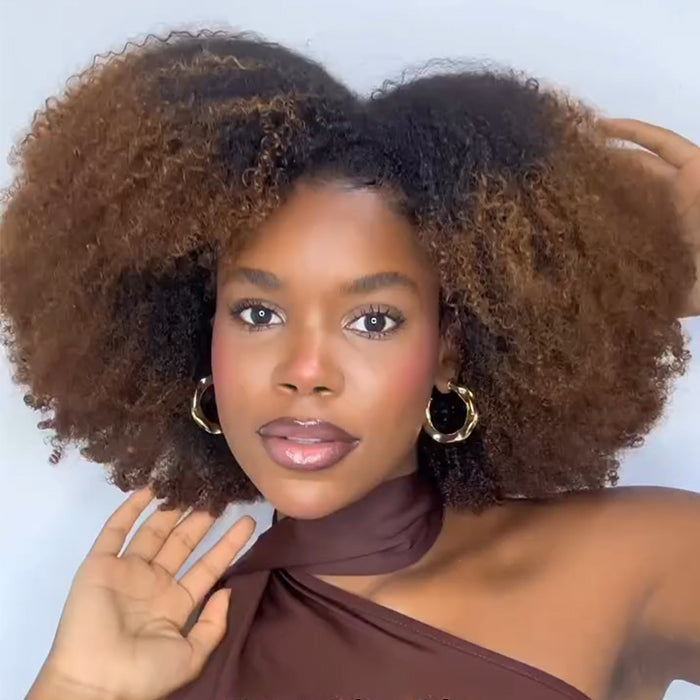 Afro Kinky Curly Human Hair Wigs for Black Women Ombre Brown Coily Texture Glueless Short Afro Wig - Rafarada