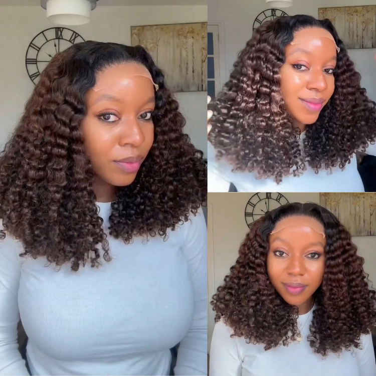 Deep Curly Lace Front Human Hair Wigs for Women Ombre Brown Glueless Lace Deep Curly Wig Pre-Plucked - Rafarada