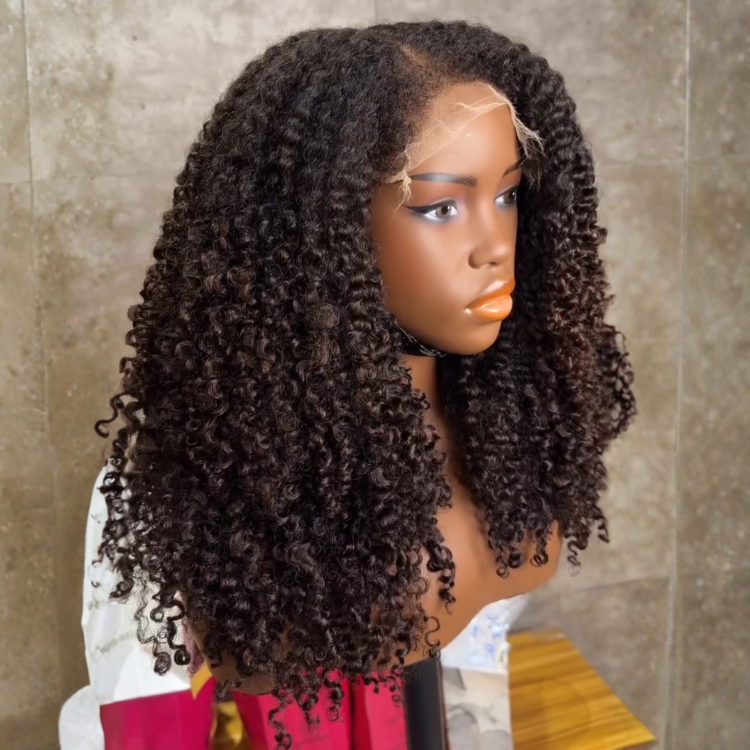 Bouncy Deep Curly Human Hair Wig - Natural Black to Dark Brown Voluminous Kinky Curly Glueless Wig- Rafarada