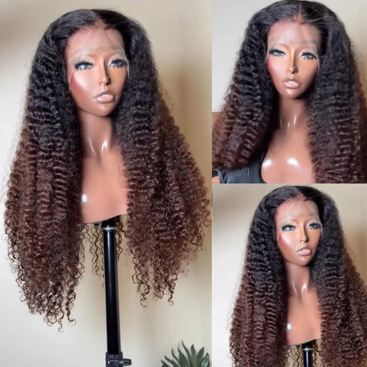 Ombre Black With Light Brown Color Deep Curly Lace Front Human Hair Wigs Glueless Pre-Plucked Wig - Rafarada