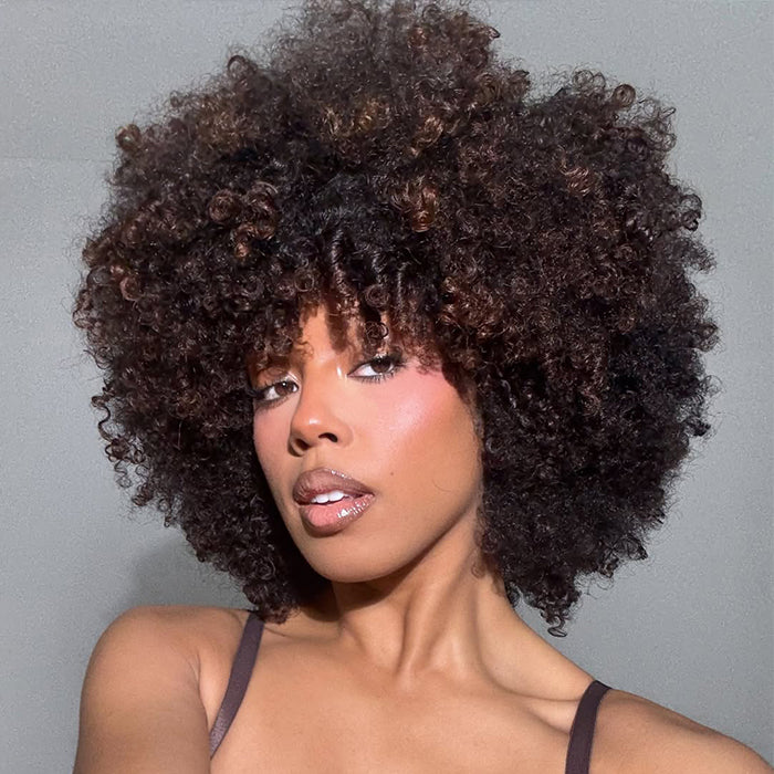 Mixed Brown Coily Afro Bob Wig Highlights Color Afro Kinky Curly Human Hair - Rafarada