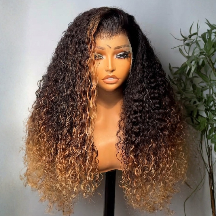 Honey Blonde Highlight Deep Curly Lace Frontal Human Hair Wigs Ombre Brown Luxury Deep Curly 100% Human Hair Frontal Wig for Women - Rafarada