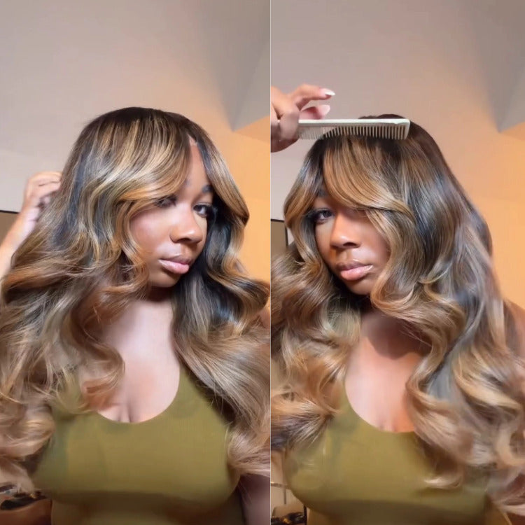 Ombre Honey Blonde Color Body Wave Human Hair Wig HD Lace Pre Plucked Hairline Wig - Rafarada