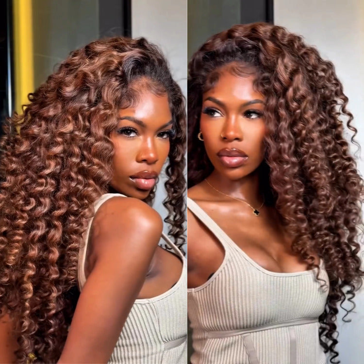 Ombre Light Brown Color Lace Front Wig Deep Curly Wave Human Hair Wig - Rafarada