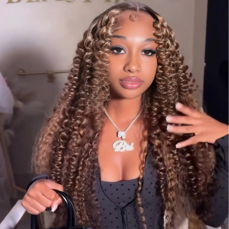 Ombre Brown Honey Blonde Color Loose Bouncy Curl Wave Lace Front Human Hair Wigs Pre-Plucked Hairline - Rafarada