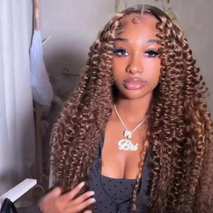 Ombre Brown Honey Blonde Color Loose Bouncy Curl Wave Lace Front Human Hair Wigs Pre-Plucked Hairline - Rafarada