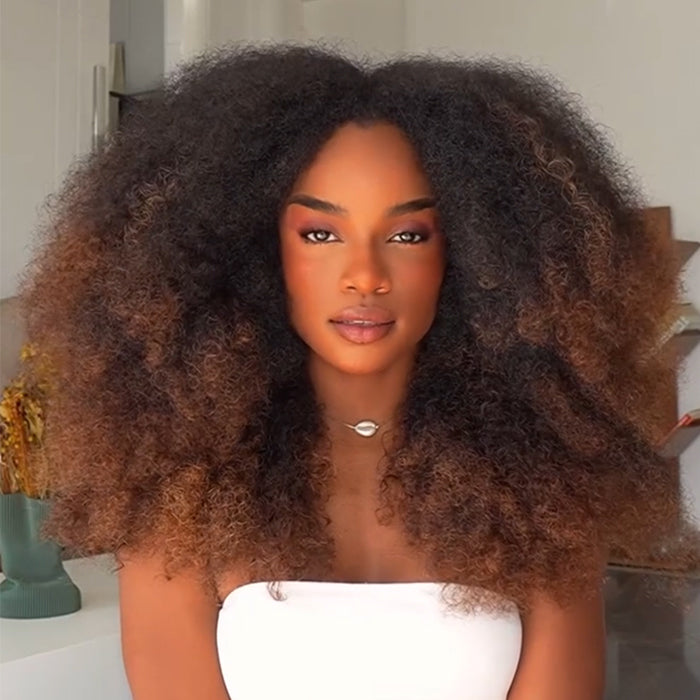 1B/30 Ombre Voluminous Kinky Curly Bob Wig Lace Frontal Big Afro Puff Wig for Women - Rafarada