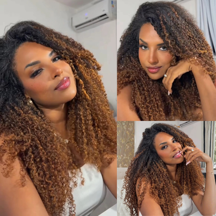 Kinky Curly Highlight Brown Lace Frontal Wig Glueless Chestnut Brown Mixed Long Curly Human Hair - Rafarada - Rafarada