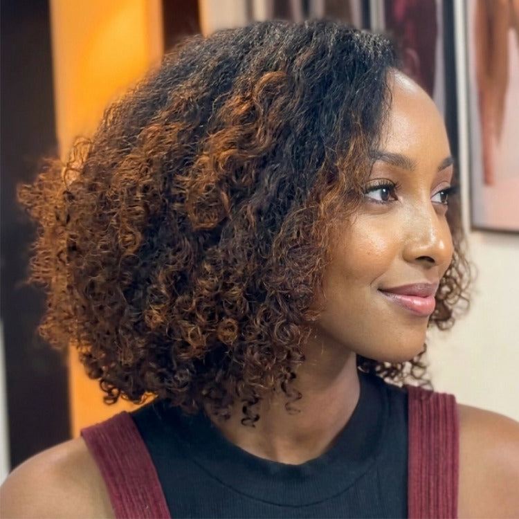 Ombre Black With Brown Color Kinky Curly Wig Glueless Lace Front Human Hair Wigs High Density For Women - Rafarada