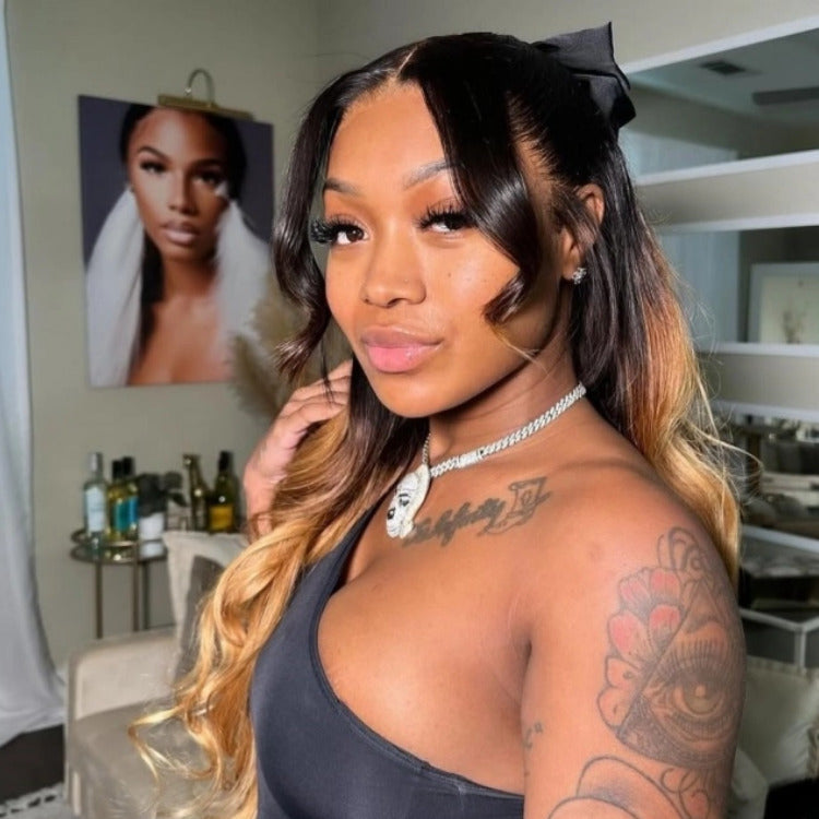 Ombre Black Highlight Gold ColorWig Body Wave Wigs Glueless Transparent Lace Frontal Wig - Rafarada