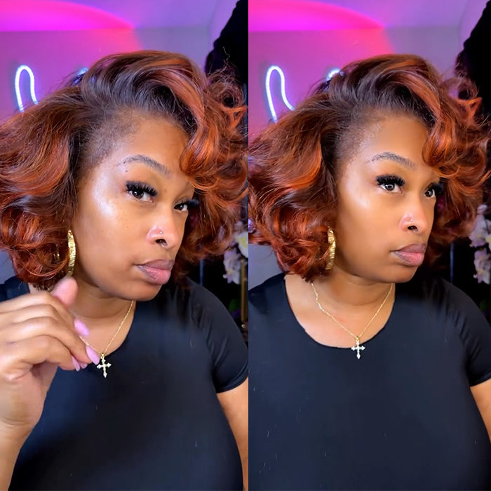 Ombre Brown With Orange Color Shot Bob Loose Wave Human Hair Wig Glueless Lace Front Wig End Curl Natural Wig For Woman- Rafarada