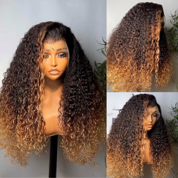 Honey Blonde Highlight Deep Curly Lace Frontal Human Hair Wigs Ombre Brown Luxury Deep Curly 100% Human Hair Frontal Wig for Women - Rafarada